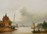 Dutch canal scene with fishing boats by Mike Jeffries, oil on board, sold Apr 2024