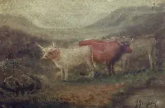 Highland cattle in a landscape by George Gregory, oil on canvas, offered Apr 2024