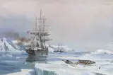 American sailing ships in icy waters by Robin Brooks, oil on canvas, sold Apr 2024