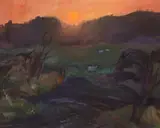 Pastoral landscape at sunset by Violet Fuller, oil on board, offered Apr 2024