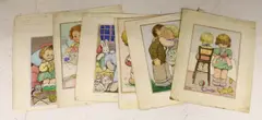 Six original watercolours on card for postcard designs by Phyllis Purser, pencil, sold Apr 2024