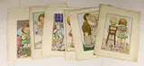 Six original watercolours on card for postcard designs by Phyllis Purser, pencil, sold Apr 2024