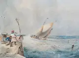 Coastal scene with fishing boat by Henry Perlee Parker, 1833, watercolour, sold Apr 2024