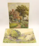 Cottage garden’ & ‘The Bluebell Valley by Howard Walford, watercolor, sold Apr 2024