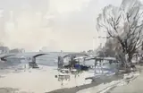 River landscape with bridge by Edward Wesson, watercolour, sold Apr 2024