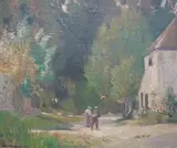 Rural landscape with two figures on a pathway by Alfred Robert Hayward, 1908, oil on board, sold Apr 2024