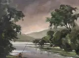 River landscape with angler by Gudrun Sibbons, oil on board, sold Apr 2024