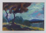 Trees in a landscape, initialled, Star Gallery of Lewes 2004 Exhibition label verso, 23 x 33cmGood condition by Robin Holtom, oil on paper, sold Apr 2024