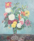 Still life of flowers in a by Ginette de Malet Roquefort, oil on canvas board, sold Apr 2024
