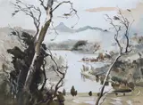 River landscape by G.D. Paulraj, watercolour, sold Apr 2024