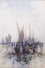 Fisherwoman before boats by William Edward Webb, watercolour, sold Apr 2024