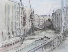 Dockland scene by Harry Ralphs, ink and watercolour, sold Apr 2024