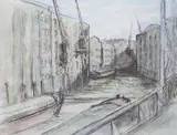Dockland scene, inscribed verso, 27 x 36cm by Harry Ralphs, ink and watercolour, sold Apr 2024