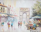 Parisian street scenes by J Burnett, oil, sold Apr 2024
