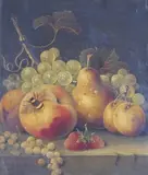 Still life of a bee and fruit by Louis Baraud, 1867, oil on board, sold Apr 2024