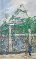 Oriental landscape with figures before a by Christopher Clairmonte, mixed media and gouache, offered Apr 2024