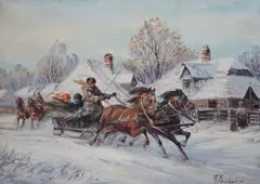 Troika scene by Władysław Chmieliński, oil on canvas, sold Apr 2024