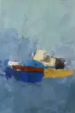 Abstract composition with boats by Morris Nitsun, oil on paper, sold Apr 2024