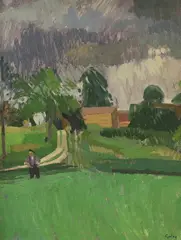 French rural landscape by Annabel Gosling, oil on board, sold Apr 2024