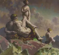 Classical figures on a hillside by Orlando Greenwood, oil on canvas, sold Apr 2024