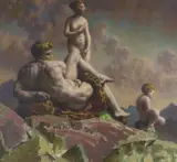 Classical figures on a hillside by Orlando Greenwood, oil on canvas, sold Apr 2024