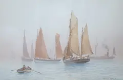 Fishing boats at sea by Ernest Stuart, watercolour, sold Apr 2024