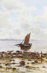 Coastal scene with fishing boat by Herbert Moxon Cook, watercolour, sold Apr 2024