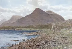 Mountainous lakeside landscape with cottages by Herbert Moxon Cook, watercolour, sold Apr 2024