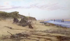 Beach scene with fishing boats and figures by Frank Walton, watercolour, sold Apr 2024