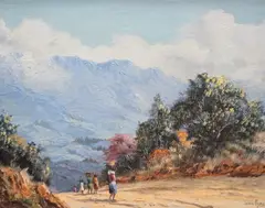 Figures on a pathway by Joan Evans, oil on canvas board, sold Mar 2024