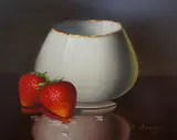 Still life of strawberries before a vessel by Ronald Berger, oil on board, sold Mar 2024
