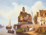 Town scene with river and boats by Jacques Douven, oil on board, offered Mar 2024