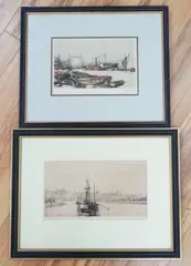 River boats and sailing ship by Harold Wyllie, etching, sold Mar 2024