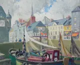 Fishing boat in harbour by Alfred E. Kerr, oil on board, offered Mar 2024
