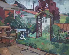 Garden scene by Annabel Gosling, oil on board, sold Mar 2024