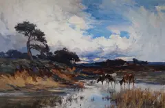 Cattle in a river landscape by Joseph Milne, oil on canvas, sold Mar 2024