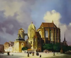 Figures before a cathedral by Jacques Douven, oil on board, sold Mar 2024
