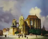 Figures before a cathedral by Jacques Douven, oil on board, sold Mar 2024