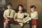 Portrait of three Scottish children in a drawing by J.W. Beaufort, 1930, oil on canvas, sold Mar 2024