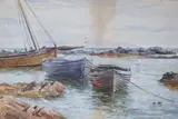 Fishing boats in harbour by Frederick Charles Dixey, watercolour, sold Mar 2024