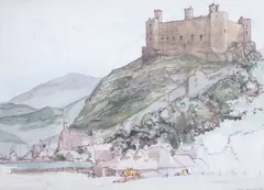 Harlech Castle by John Lewis Stang, ink and watercolour, offered Mar 2024