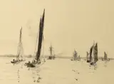 Sailing boats off the coast by William Lionel Wyllie, etching, sold Mar 2024