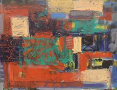 Abstract interior by Ala Siraih, oil on card, sold Mar 2024