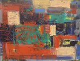 Abstract interior by Ala Siraih, oil on card, sold Mar 2024