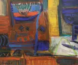 Interior by Ala Siraih, oil on card, sold Mar 2024