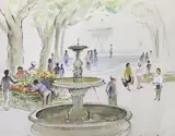 French landscape with figures and water fountain by Hermione Hammond, ink and watercolour, offered Mar 2024