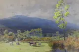 Mountainous landscape with grazing cattle by Herbert Moxon Cook, watercolour, sold Mar 2024