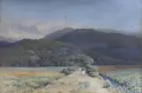 Mountainous landscape with figure by Herbert Moxon Cook, watercolour, offered Mar 2024