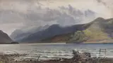 Mountainous lakeside landscape by Herbert Moxon Cook, watercolour, sold Mar 2024