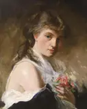 Portrait of a young beauty holding a bouquet of by Charles Joshua Chaplin, Oil on canvas cleaned and relined, sold Mar 2024
